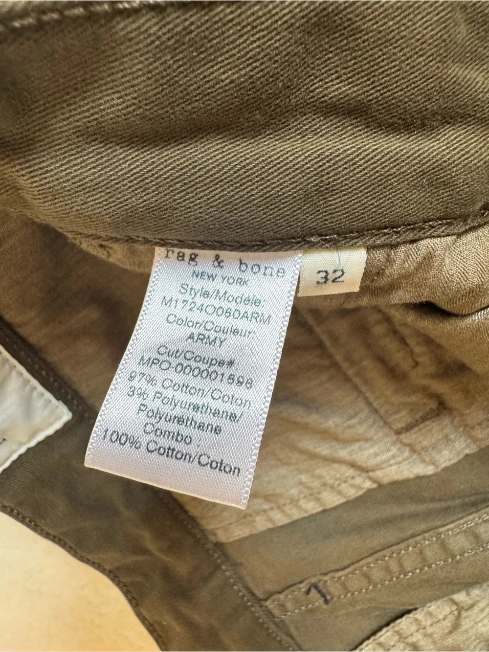 rag & bone Army Green Slim Fit Chino Pants Stretch Cotton Men's 32
